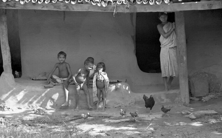 A mother and her children from the Uindi blacksmith clan of Dubil, sitting on their verandah with chickens feeding around them – a scene of contented relaxation.