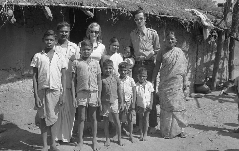 Sukuram Champia’s family in the courtyard between our houses. From left to right, Bisu, Sukuram, Bamiya, Selai, Valerie Yorke, Lal, Pelon holding Besera, Basu, Michael Yorke, and Salome Herenz, our Munda interpreter and researcher from Khunti village.